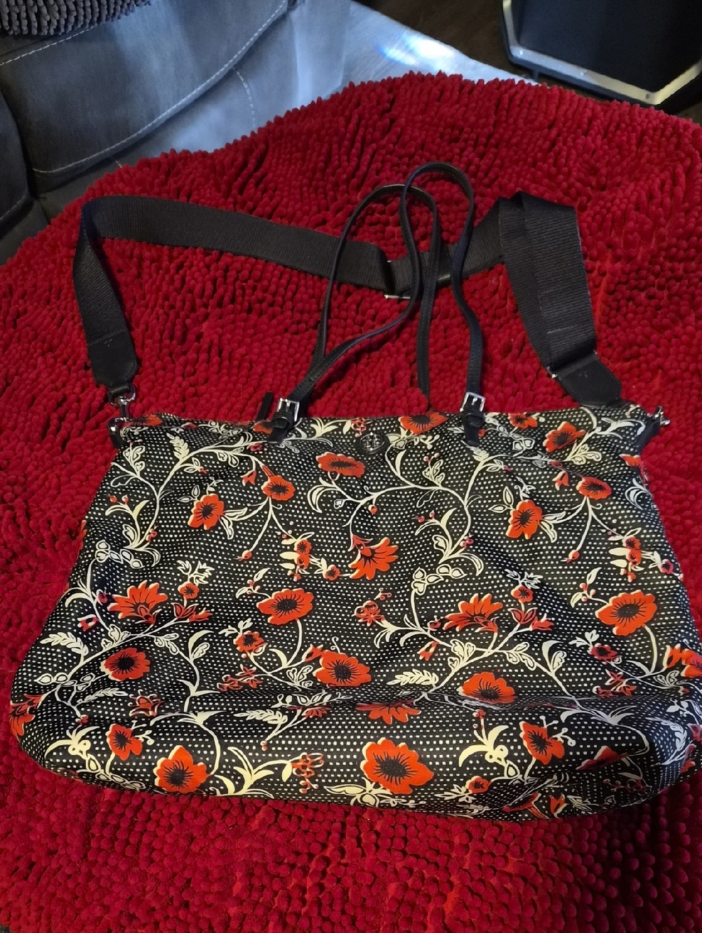 Tory Burch Virginia Printed Black Tote with Red Floral Print